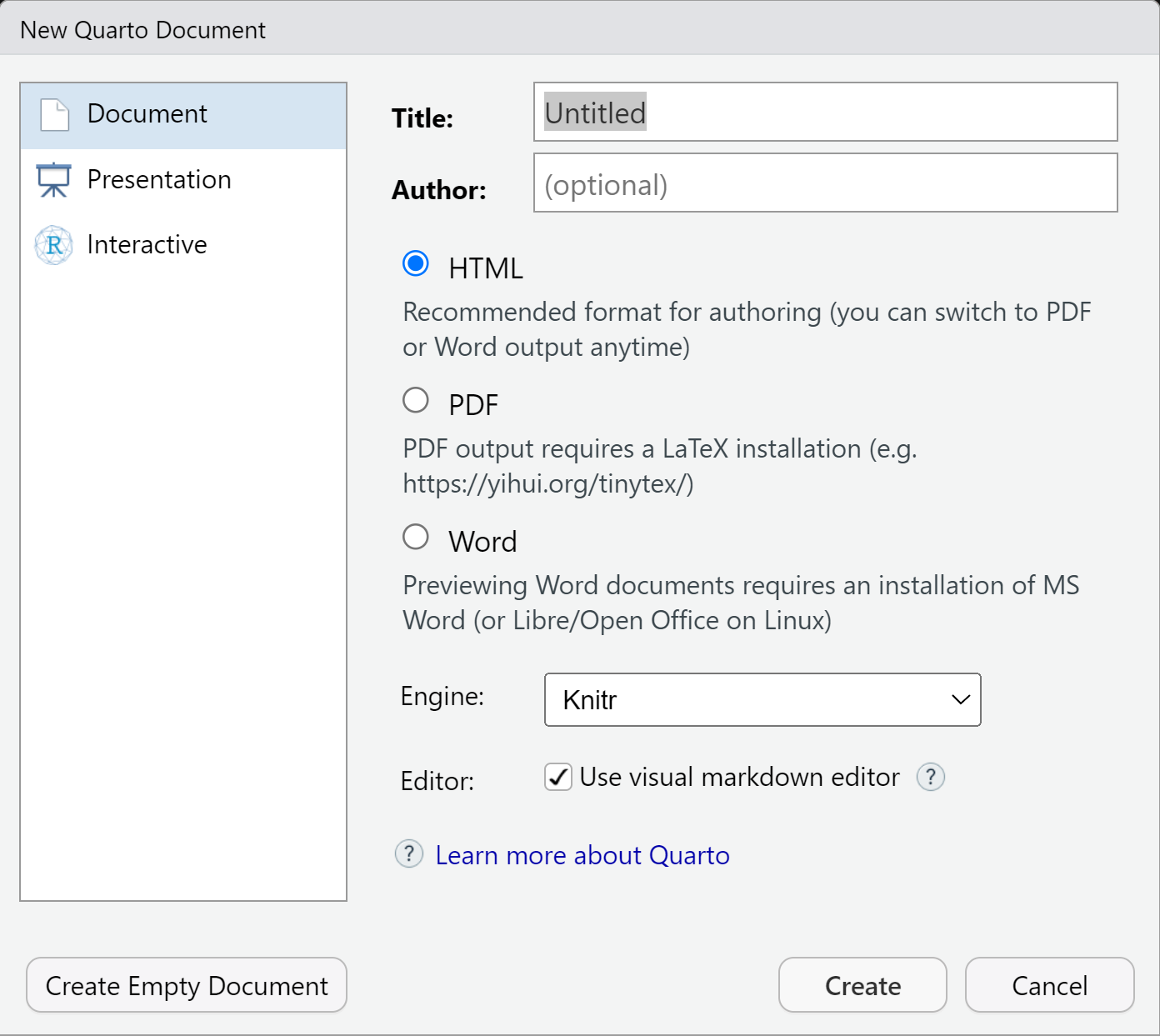 The menu from creating a new quarto file is shown. There are options to create documents, presentations, and interactive documents.