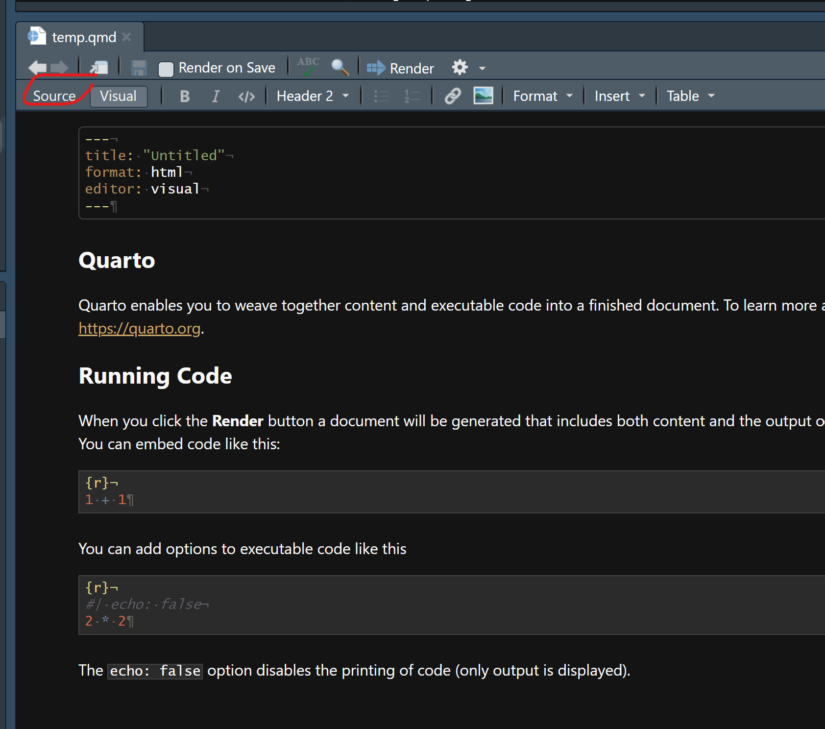 A button exists at the top of the .qmd file that allows you to switch between 'source' and 'visual' mode.