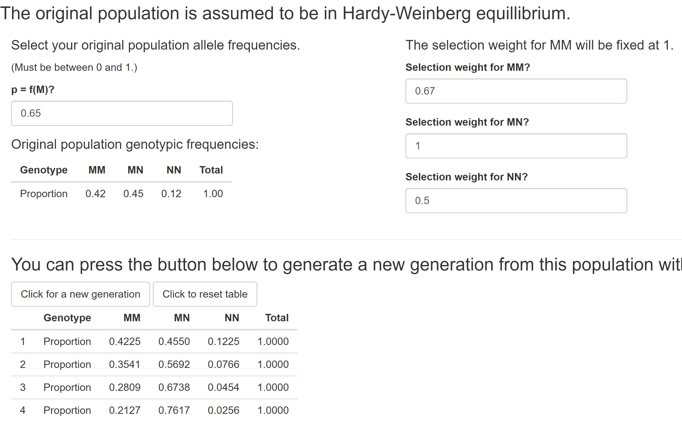 Image from the interactive application to aide in understanding selection from a population in HW equilibrium