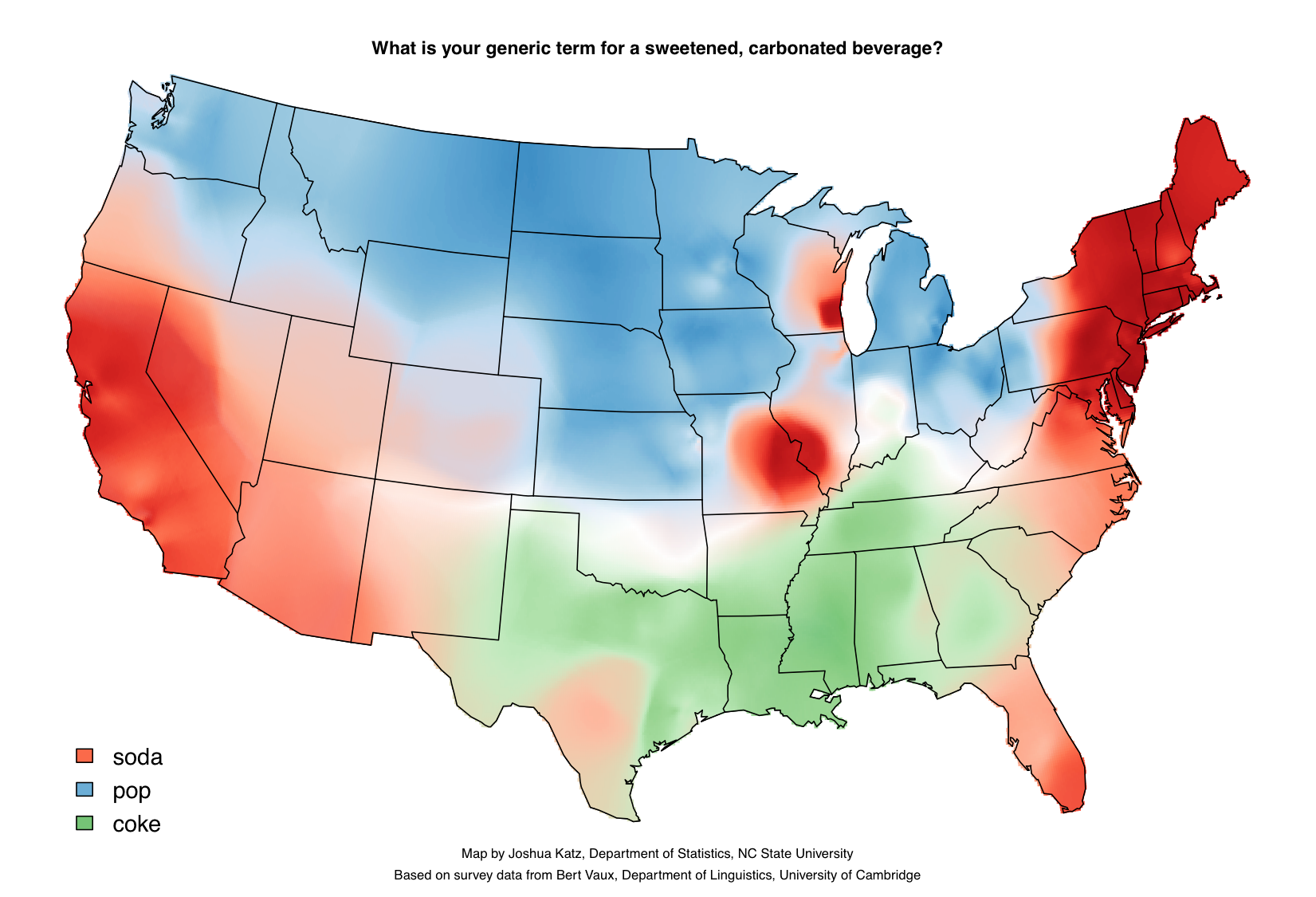 Map showing where 'soda', 'pop', and 'coke' are used to describe a fizzy beverage. (Josh Katz)
